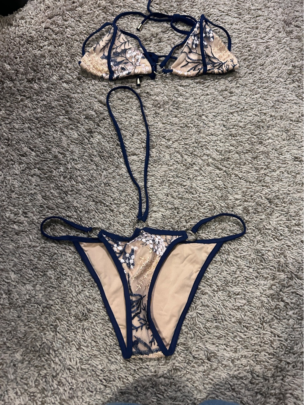 Hot Miami Styles Nude and Navy Floral Mesh Bikini Set